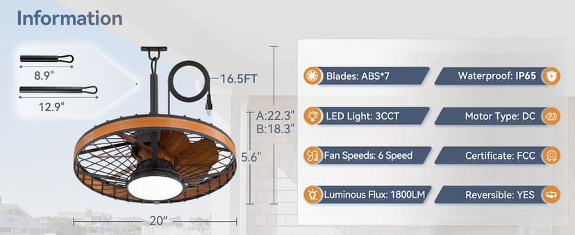 LEDIARY Outdoor Ceiling Fans with Lights, IP65 Waterproof Gazebo Fan with Hanging Hook,6 Speeds, 3CCT, 20 Inch Wet Rated Plug in Ceiling Fan for Patios,Porch, Pergola,Canopy