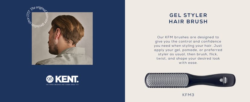 KENT KFM3 Gel Styling Hair Brush for Men, 9 Row Men's Hair Brush with Ionic Anti Static Bristles, Detangling and Smoothing Short to Medium Length Hair