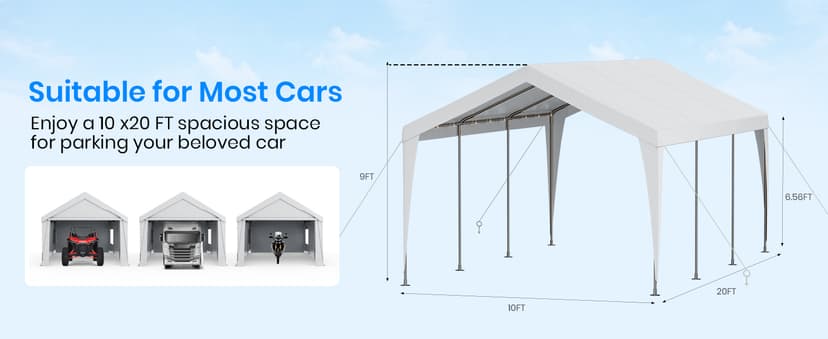 Carport 10x20 Heavy Duty Portable Garage,Galvanized Frame Carport Canopy,Portable Garages and Shelters with 8 Leg&4 Wind Rope,Car Tent Garage with All-Season Tarp for Boat Truck Bike,Without Sidewall