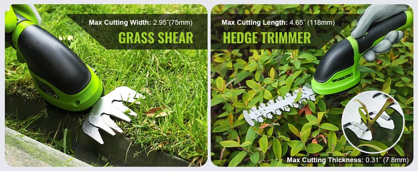 WORKPRO Cordless Grass Shear & Shrubbery Trimmer - 2 in 1 Handheld Hedge Trimmer Electric Grass Trimmer Hedge Shears/Grass Cutter Rechargeable Lithium-Ion Battery and Type-C Cable Included (Green)