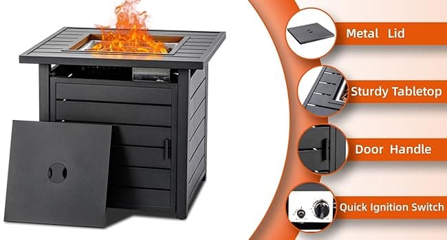 28 inch Propane Fire Pit Table, Outdoor Gas Fire Pits with Lid & Lava Rock, 50000 BTU Firepit for Dinning, Party in Outside, Patio, Garden or Yard (Black)