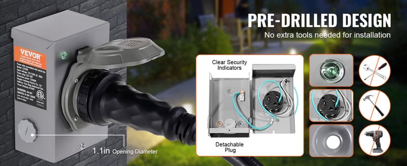 VEVOR 50 Amp Generator Cord and Power Inlet Box Kit, 15FT Generator Extension Cord NEMA 14-50P/SS2-50R STW 6/3+8/1 AWG with Twist Lock Connector, Pre-Drilled Inlet Box, ETL Listed