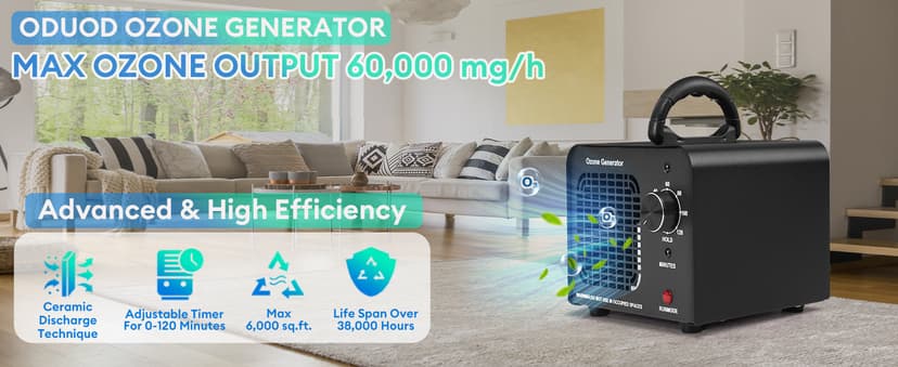 Ozone Generator 60000mg/h, High Capacity Ozone Machine, Odor Eliminator for Home, Car, Smoke, Pets, O3 Air Purifier Deodorizes 6,000 Square Feet (Black)