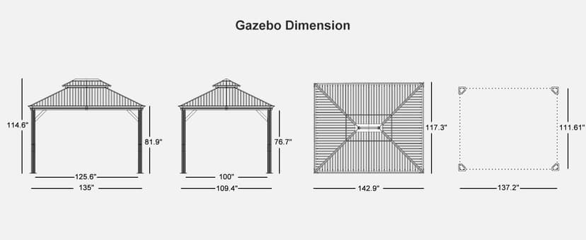 PURPLE LEAF 10' X 12' Permanent Hardtop Gazebo Aluminum Gazebo with Galvanized Steel Double Roof for Patio Lawn and Garden, Curtains and Netting Included, Grey
