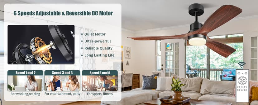 Ceiling Fans with Lights and Remote, 52 Inch Outdoor Ceiling Fan for Patios with Light 3 Downrods, 3 Blades Modern Ceiling Fan Noiseless Reversible DC Motor, Wood Fan for Farmhouse