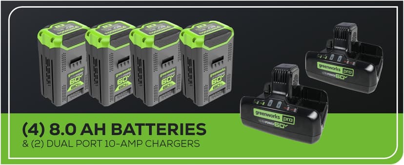 Greenworks 60V 42” Cordless Electric CrossoverZ Zero Turn Riding Mower, (4) 8.0Ah Batteries and (2) Dual Port Turbo Chargers