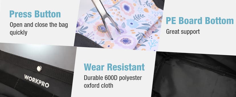 WORKPRO Garden Tool Bag, 9 Pockets Gardening Bag, Heavy Duty Oxford Garden Tote Caddy (Tools NOT Included), 12" x 12" x 6" (Floral White)