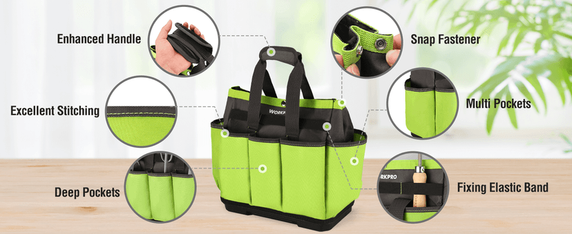 WORKPRO Garden Tool Bag with Waterproof Plastic Base, 8 Pockets Gardening Bag, Heavy Duty Oxford Garden Tote Caddy, Gardening Tool Kit Holder for Indoor and Outdoor(Tools NOT Included)