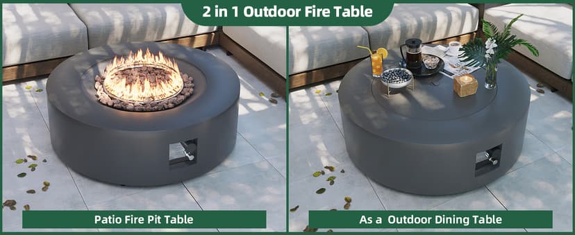 UPHA 42-inch Outdoor Propane Gas Fire Pit Table 50000 BTU Iron Round FirePit for Outside Patio with Tank Hidden Table, Removable Lid, Lava Rocks, Rain Cover, Grey
