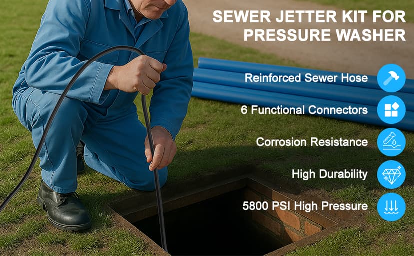Sewer Jetter Kit for Pressure Washer, 50 FT 5800 PSI Drain Cleaner Hose with Universal M22-14mm and 1/4" Connector, 2 Sewer Jetting Nozzles, High Pressure Washer Hose for Karcher Bosch