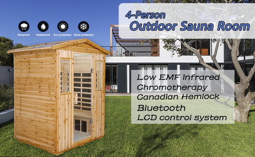 Outdoor Infrared Sauna 4 Person Far Infrared Saunas Low EMF Sauna Room for Home, 2050watt Canadian Hemlock Wooden Large Sauna with Blue-Tooth, 2 LCD Control, 4 Chromo Therapy Lighting