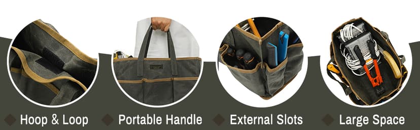 Tool Tote Bag, Heavy Duty 16oz Waxed Canvas Garden Tool Bag | Portable 11-Pocket Tool Storage Bag for Gardener Electrician Contractor Repairman (14"L x 5.5"W x 10.5"H) – Army Green