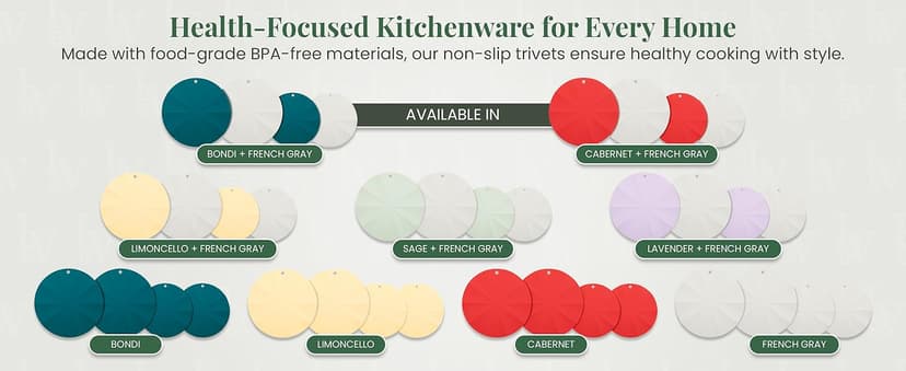 Larder & Vine Silicone Trivets for Hot Pots and Pans | Set of 4 Round Hot Pads for Kitchen | 7” & 9” Trivets for Hot Dishes | Heat-Resistant Silicone Mats for Kitchen Counter | Limoncello/French Gray