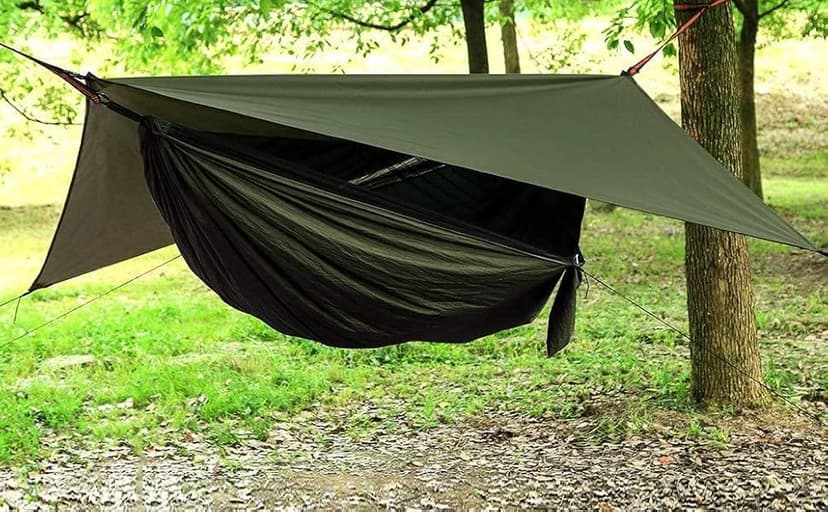 Camping Hammock with Rain Fly Tarp and Mosquito Net with Tree Straps,1/2 Person Portable Hammocks with Rain Cover for Indoor Outdoor Backpacking Hiking Travel Yard Activities Green