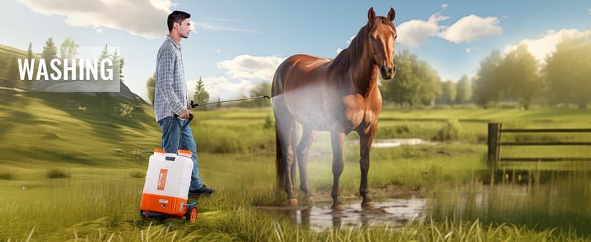 VEVOR 4 Gallon Battery Powered Backpack Sprayer with Wheeled Cart, Adjustable 0-94 PSI, 13FT Hose, 6 Nozzles, 2 Wands Included, Wide Mouth Lid for Weeding, Cleaning, Long Spray Time, White+Orange