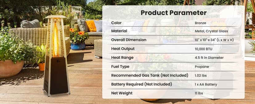 Tangkula Portable Patio Heater, 10,000 BTU Outdoor Tabletop Heater with Stainless Steel Burner, Tip-Over & Flameout Protection, 34" Pyramid Mini Outdoor Heaters for Patio, Porch, Deck (Bronze)
