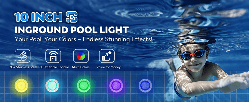 10" LED Pool Light, 12V AC Underwater Pool Spa Lights for Inground Pools, 300W Equivalent, Static Colors & Dynamic Effects, 50Ft Cord, Remote, Transformer, Fits Pentair, Hayward, Jady Niches