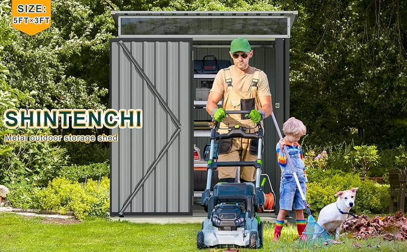 Shintenchi 5x3 FT Outdoor Storage Shed with Window, Outdoor Waterproof Storage Shed Metal Garden Shed with Lockable Single Door, Weather Resistant Tool Storage House Shed for Garden,Backyard,Drak Gray