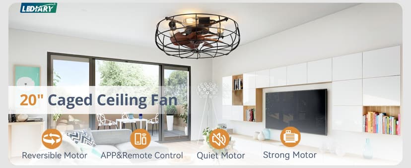 LEDIARY 20" Caged Ceiling Fans with Lights and Remote, Flush Mount Bladeless Ceiling Fan Low Profile, Small Farmhouse Industrial Enclosed Ceiling Fan with Light for Bedroom, Kitchen, Indoor