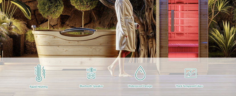 1 Person Outdoor Infrared Sauna - 3D Fast Heating Home Spa Sauna w/Chromotherapy Light, Wooden Sauna Room Kit w/Bluetooth Speaker (CE Certified,110V)