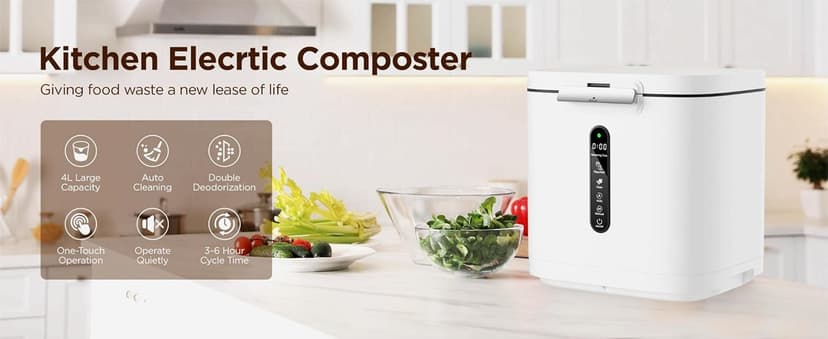 4L Electric Composter for Kitchen, Smart Compost Bin Outdoor/Indoor, Odorless/Auto-Cleaning/ 3 Modes/Intelligent LED Display, Turn Food Waste to Fertilizer for Garden, Food Waste Compost Machine