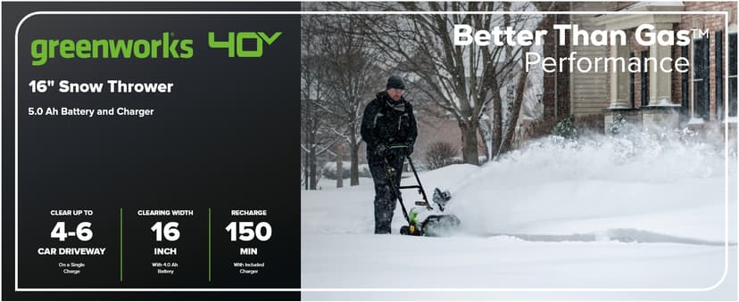 Greenworks 40V (75+ Compatible Tools) 16” Cordless Snow Blower, 5.0Ah Battery and Charger Included, SN40B410