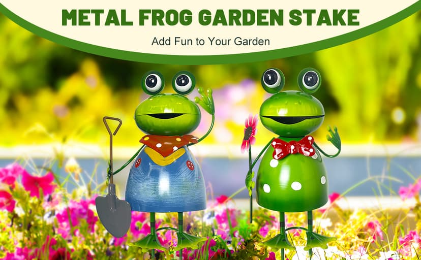 HONGLAND Metal Yard Art Garden Decor for Outside - Cute Frog Outdoor Decor - 3D Spring Frogs Figurine Garden Sculptures & Statues - Gifts for Grandma Mom - 2 Pcs