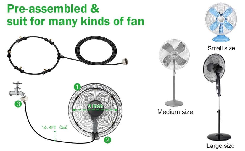 SUNHE YHK Fan Misting Kit, Outdoor Misters Cooling System with 19.36FT Hose + 5 Brass Nozzles + Brass Adapter(3/4") for Cooling Patio Garden Greenhouse Breeze, Connect to Any Outdoor Fan