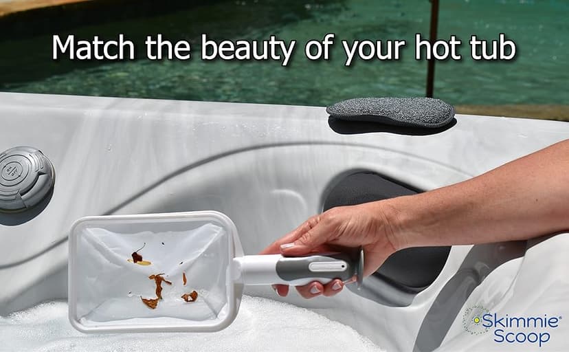 The Skimmie Scoop - Patented Handheld Skimmer with Fine Mesh Net for Spa, Hot Tub, Cold Plunge and Small Pool Cleaning - Lightweight and Durable with Powerful Suction Cup - Clean Out Filter (White)