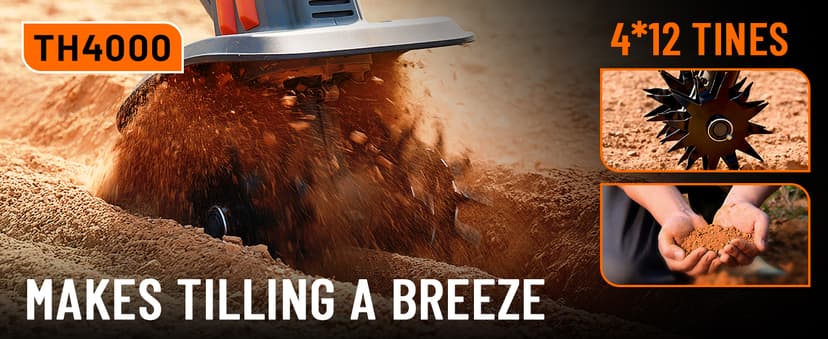 Cordless Tiller for Gardening 360 RPM Rototiller TH4000 Cultivator TaskStar Electric Garden Tiller Battery Powered Total 4000mAh,48 Heavy-Duty Steel Tines for Smooth Ground Breaking,Tending,Composting