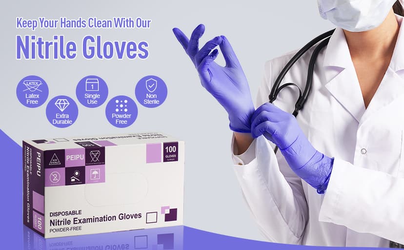 PEIPU Nitrile Gloves,Medical Exam Gloves,Disposable Cleaning Gloves,Powder Free, Latex Free,Non-Sterile Protective Gloves