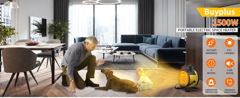 Buyplus Outdoor Heaters for Patio - 1500W Portable Garage Heater with 90°Adjustable Angle, Overheat Protection & 2S Fast Heating, Electric Space Heater for Patio, Garage, Bedroom, Office (Yellow)