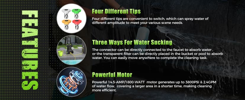 Electric Pressure Washer - GUIFIN Portable Power Washer with Soap-Adjustable Tank, Steel Spray Wand, 4 Pressure Tips, 6.6 FT Inlet & 23 FT Outlet Hose, 3800PSI & 2.4GPM, for Patio/Car/Driveway/Fence