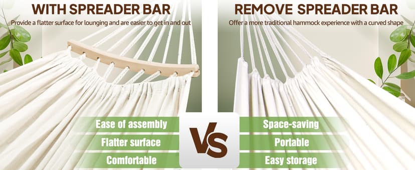 Chihee Cotton Hammock Large Soft Breathable Camping Hammock Holds Up to 660lbs Portable Tree Hammock with Detachable Spreader Bar Pillow 2 Strong Webbings 2 Carabiners Patio Garden Indoor Outdoor