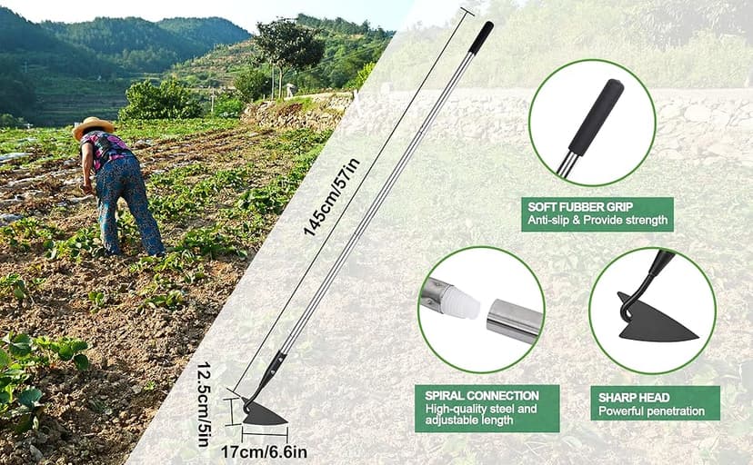 Warren Hoe, Carbon Steel Triangle Garden Hoe with Stainless Steel 57" Adjustable Long Handle, Heavy Duty Gardening Hand Tools Hoe for Ridging Weeding Digging Loosening Edging Soil