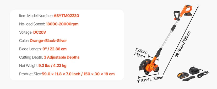 VEVOR Lawn Edger, 9-inch Large Blade, 20 V Battery Powered Cordless Edger Lawn Tool with 3-Position Blade Depth, Adjustable Handle, with Battery and Charger, for Lawns, Driveways, and Sidewalk Edges