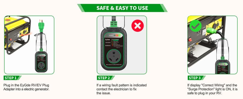 EyGde 15 Amp to 30 Amp RV Adapter with Surge Protector - Upgraded NEMA 5-15P Male to TT-30R Female Plug, 15A to 50A RV Circuit Analyzer Power Protection with Waterproof Cover for 30Amp Camper Trailer