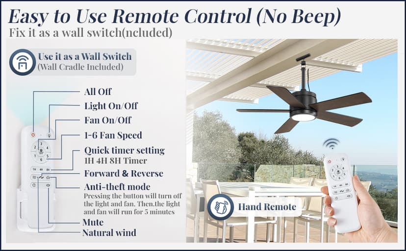 42 In Waterproof Outdoor Ceiling Fan with Light and Remote IP65 Plug in Wet Rated Outdoor Ceiling Fans for Patios Waterproof Gazebo Hanging Fan 3CCT 6 Speed, for Outside Porch Pergola Garage