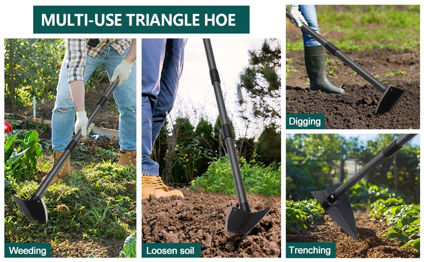Hoe Garden Tool, Triangle Hoe Gardening Weeding Tool, 60" Long Handle Heavy Duty Manual Weeder Gardening Hand Tools for Weeding, Digging, Loosening Soil