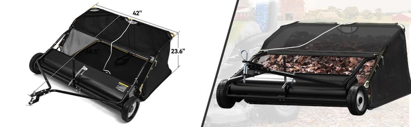 YITAMOTOR 42" Tow Behind Lawn Sweeper Leaf Collector Pull Behind Grass Sweeper Large Hopper Black