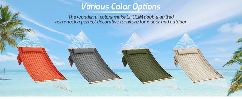Double Quilted Fabric Hammock with Hardwood Spreader Bars and Pillow 450 LBS Capacity 2 Person Hammock Large Hammock for Outdoor Patio Backyard Poolside - Green