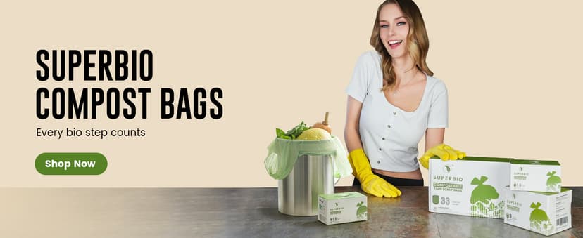 SUPERBIO 1.6 Gallon Handle Tie Compostable Food Scrap Bags For Counter Top Compost Bin, Small Compost Bags, 50 Count, 6 Liter, BPI & OK compost INDUSTRIAL Certified