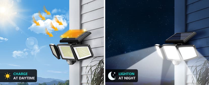 Tuffenough Solar Outdoor Lights 2500LM 210 LED Security Lights with Remote Control,3 Heads Motion Sensor Lights, IP65 Waterproof,270° Wide Angle Flood Wall Lights with 3 Modes(2 Packs)