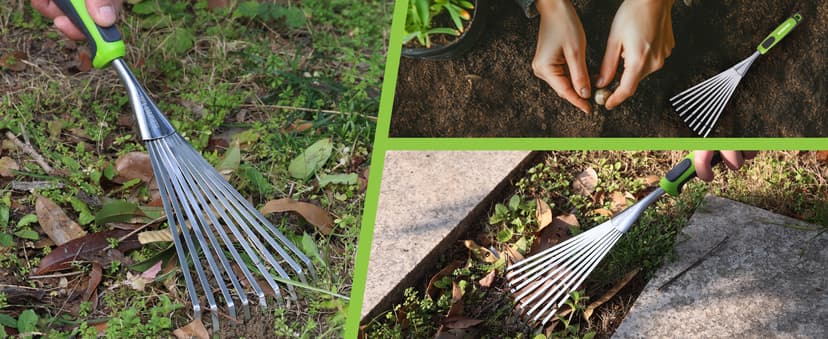 WORKPRO 16" Hand Rake, Heavy Duty Stainless Steel Garden Rake with Soft Handle, Small Garden Hand Tool for Gardening, Cultivating, Loosening Soil & Spreading Mulch, Flower Beds