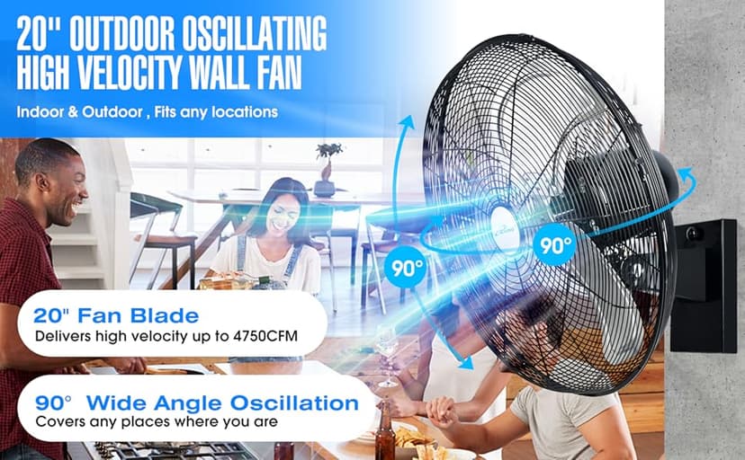 iLiving 20" Outdoor Oscillating High Velocity Wall Fan with 4750 CFM Heavy Duty Weatherproof Motor, Variable Speed Adjustment for Workshop, Garage, Patios, Commercial and industrial, 20 inch,Black