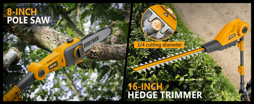 Alloyman Pole Saw 8-Inch Cordless and 16-Inch Pole Hedge Trimmer 2-in-1,with 2 Packs 4.0Ah Batteries & Charger,for Tree Trimming and Shrubs Pruning