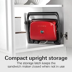Hamilton Beach Panini Press Sandwich Maker & Electric Indoor Grill with Locking Lid, Opens 180 Degrees for any Thickness for Quesadillas, Burgers & More, Nonstick 8" x 10" Grids, Red (25462Z)