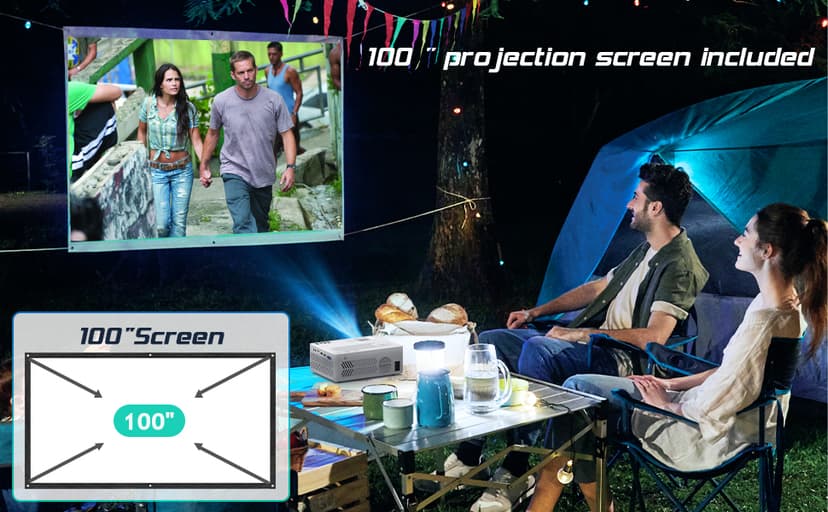 TMY Projector with WiFi and Bluetooth【100" screen included】Native 1080P Outdoor Projector, 4K Supported Portable Projector, Compatible with iOS/Android/PC/TV Stick/HDMI/USB, Indoor Outdoor Use