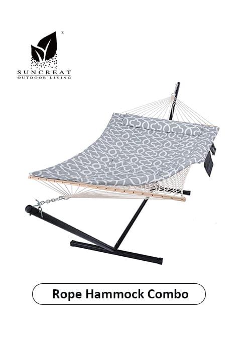 SUNCREAT Double Hammock, Extra Large Quilted Fabric Swing with Hardwood Spreader Bars & Detachable Pillow, Heavy Duty, Perfect for Indoor/Outdoor Patio, Deck, Yard, Blue&Aqua