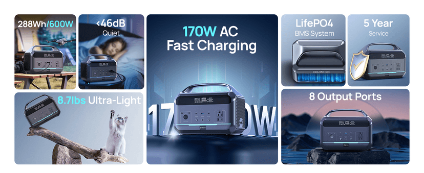 Portable Power Station 600W with Solar Panel 80W, 288Wh LiFePO4 Battery Backup w/2 AC Outlets, 1.7H Fast Charging Solar Generator for Camping, RV Travel, Home Emergencies